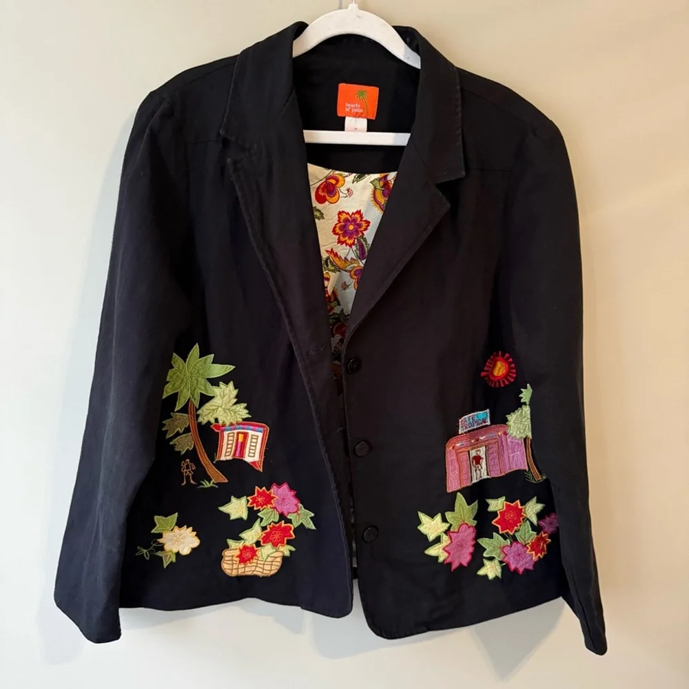 Hearts of Palm Black Tropical Floral Embroidered Cotton Blazer Women’s 16 - Picture 8 of 13